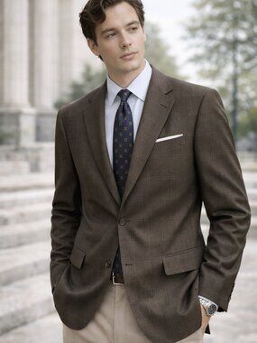 Geoffrey Beene 40R Brown Windowpane Plaid 100% Wool Blazer Classic Tailored